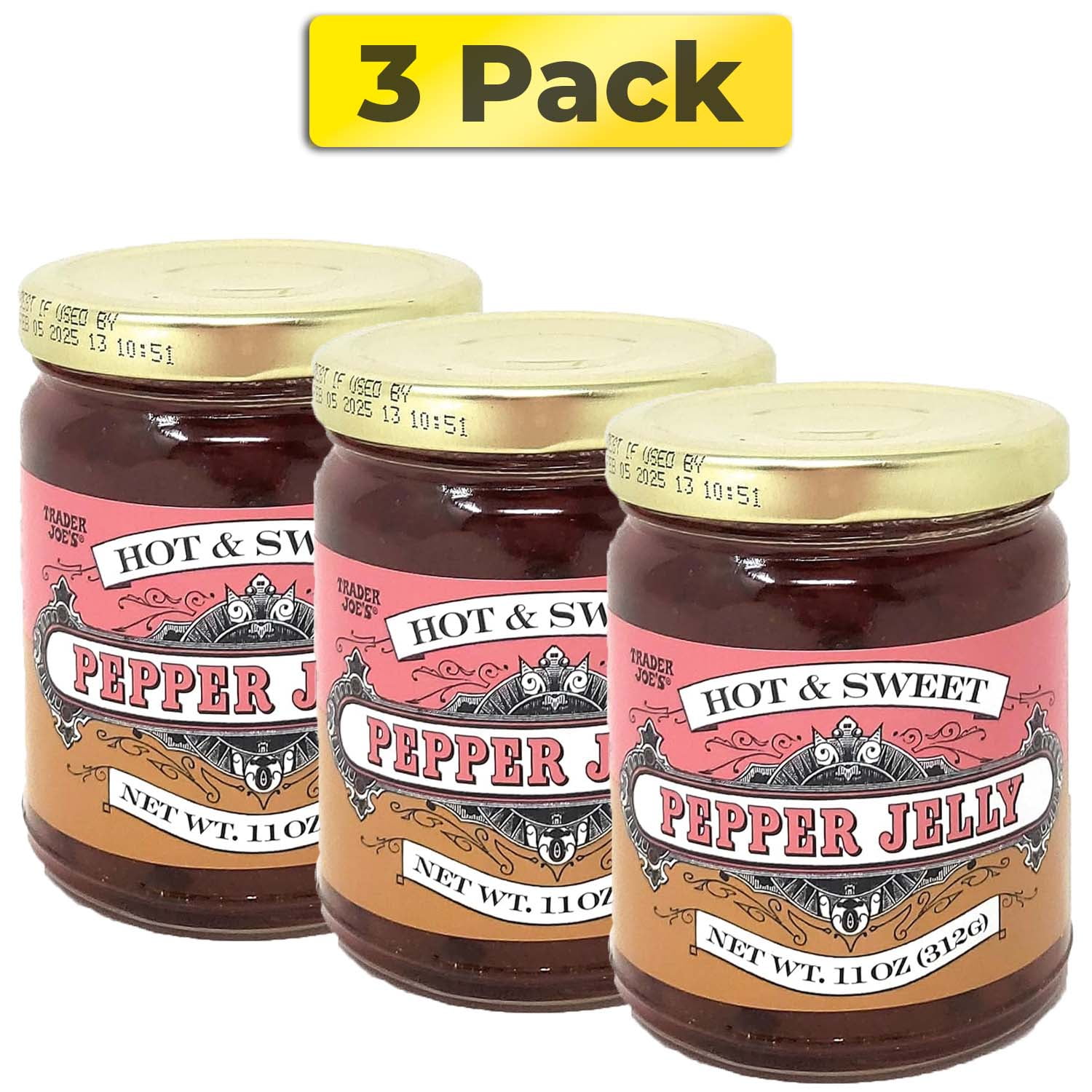 Pack of 3 Trader Joe's Hot & Sweet Pepper Jelly Flavorful Spread, 11