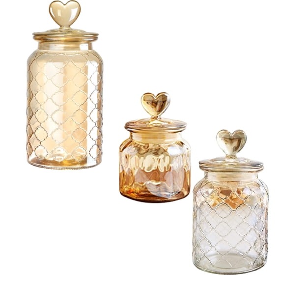 Pack of 3 Transparency Glass Storage Jars Embossed Patterns and Sealing Heart Lids Candy Container for Home Use