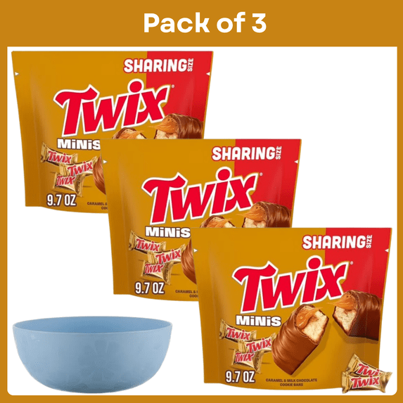 Pack of 3 Twix Minis Caramel and Milk Chocolate Candy Bars, Sharing Size - 9.7 oz Resealable Bag- With Bowl