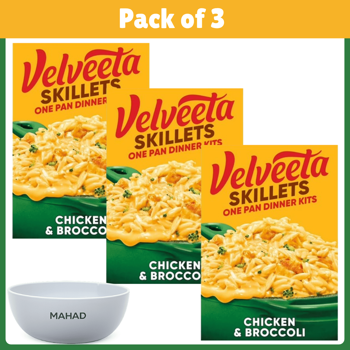 Pack of 3 Velveeta Skillets Chicken Pasta Dinner Kit with Broccoli & Orzo, 13.6 oz Box-With Bowl by Mahad