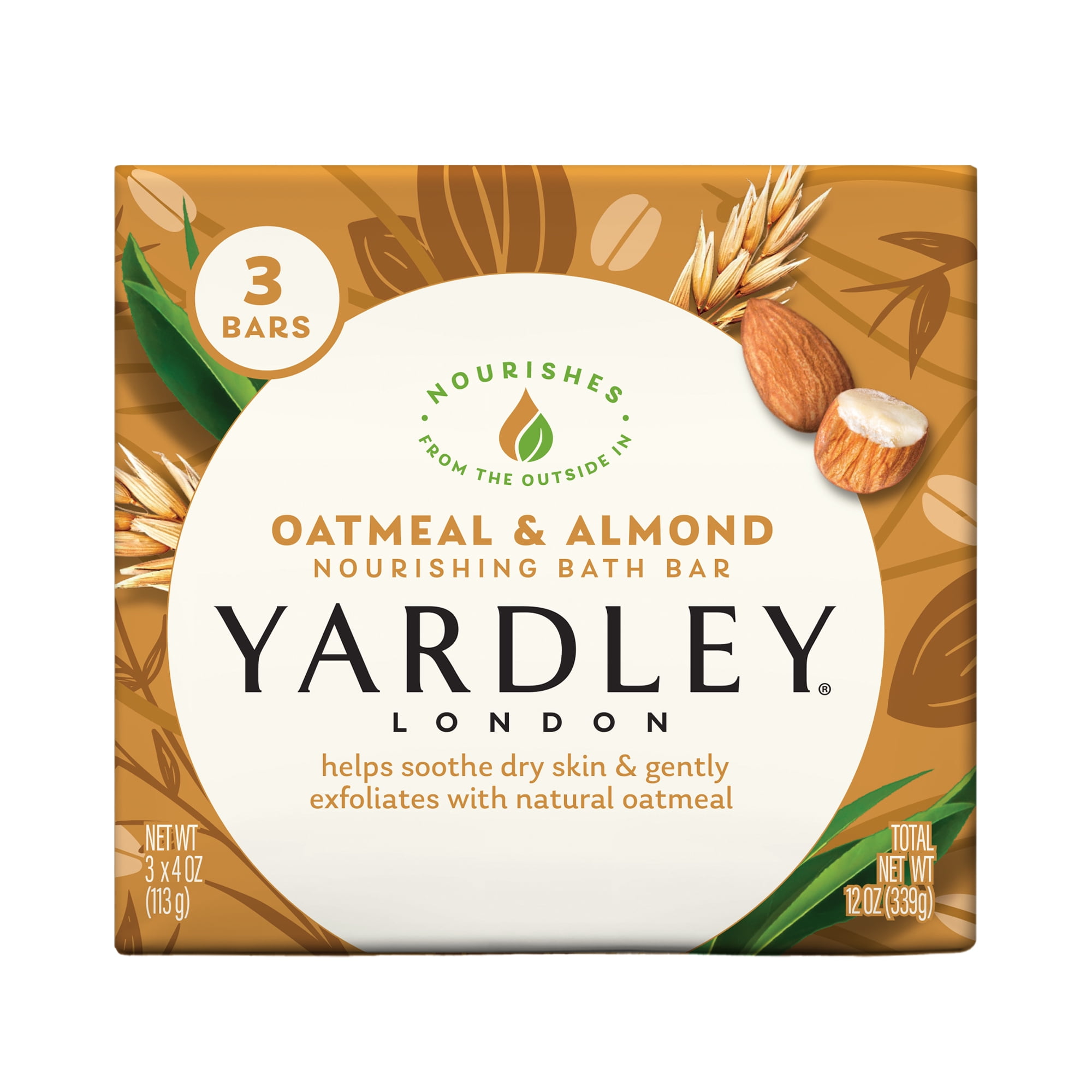 (Pack of 3) Yardley London Oatmeal & Almond Nourishing Bath Bar Soap, For All Skin Types, 4 oz Bar