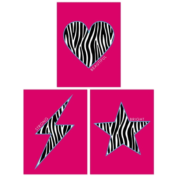 Pack of 3 Zebra Pattern Heart Lightning Star Shape On Block Hot Pink Motivational Unframed Wall Art Living Room Prints Set