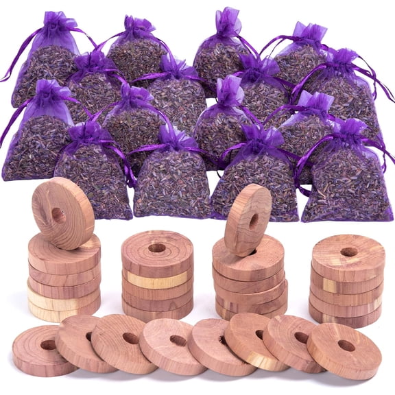 Pack of 30 Cedar Blocks and 16 Lavender Flower Sachets Craft Bag, Drawer Freshener, Linen, Shower Favor, Wedding and More, LV-E-LC-2
