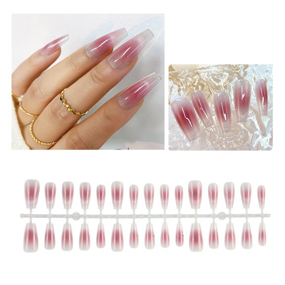 Pack of 30 Coffin False Nails Long Crystal Press On Eyes Gradient Reusable Stick On Nails for Women Girls