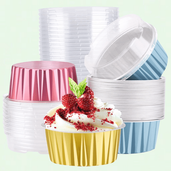 Pack of 30 Mini Aluminum Pans with Lids, Gold Blue Red 5oz Disposable Foil Baking Cups, Perfect for Cheesecake and Creme Brulee