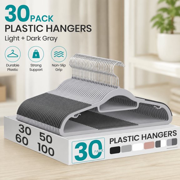 Pack of 30 Slim Plastic Coat Hangers, 16.5 Inch Wide, Space-Saving Clothes Hangers with Non-Slip Design and 360° Swivel Hook, Light and Dark Gray