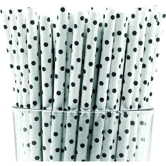 Pack of 300 Black Polka Dot Biodegradable 4-Ply Paper Drinking Straws (Compostable, Non-toxic, BPA-free)