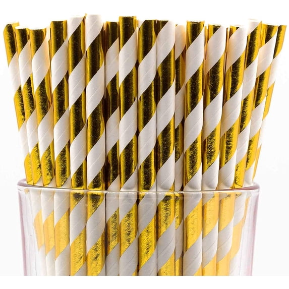 Pack of 300 Gold Foil Swirls Biodegradable 4-Ply Paper Drinking Straws (Compostable, Non-toxic, BPA-free)
