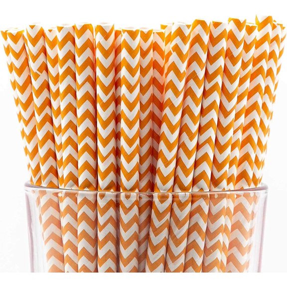 Pack of 300 Orange Chevron Biodegradable 4-Ply Paper Drinking Straws (Compostable, Non-toxic, BPA-free)
