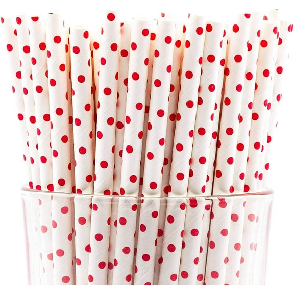 Pack of 300 Red Polka Dot Biodegradable 4-Ply Paper Drinking Straws (Compostable, Non-toxic, BPA-free)