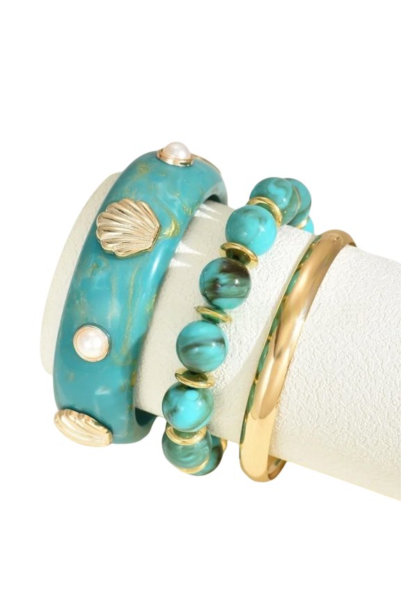 Pack of 3Pcs Sea Charm Stacking Bangle Bracelets Set With Shell Accent Comfortable Resin Jewelry For Everyday Wear