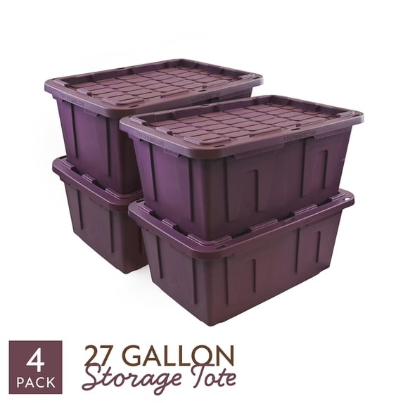 Sort & Style 27 Gallon Large Storage Bin with Snap Lid, Italian Plum Purple, 4 Pack, Heavy Duty Plastic Storage Container