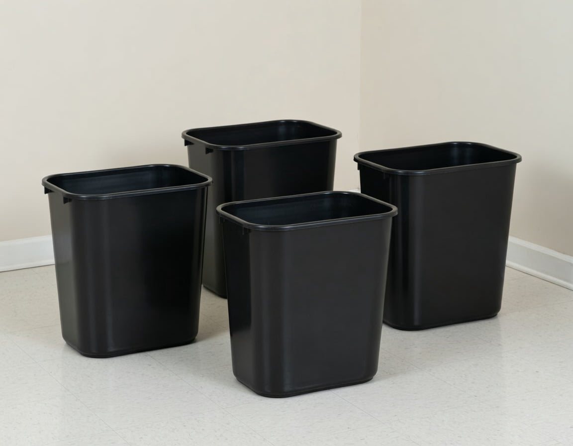 Pack of 4 - 7 Gallon/28 Quart Black Rectangular Plastic Wastebasket, Durable Deskside Office Trash Can for Home, Bathroom, Bedroom and Workspace