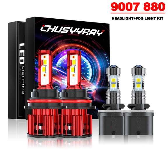 Pack of 4 9007 880 LED Headlight High Low Beam Kit Fog Light Combo Canbus Error Free Vision Upgrade