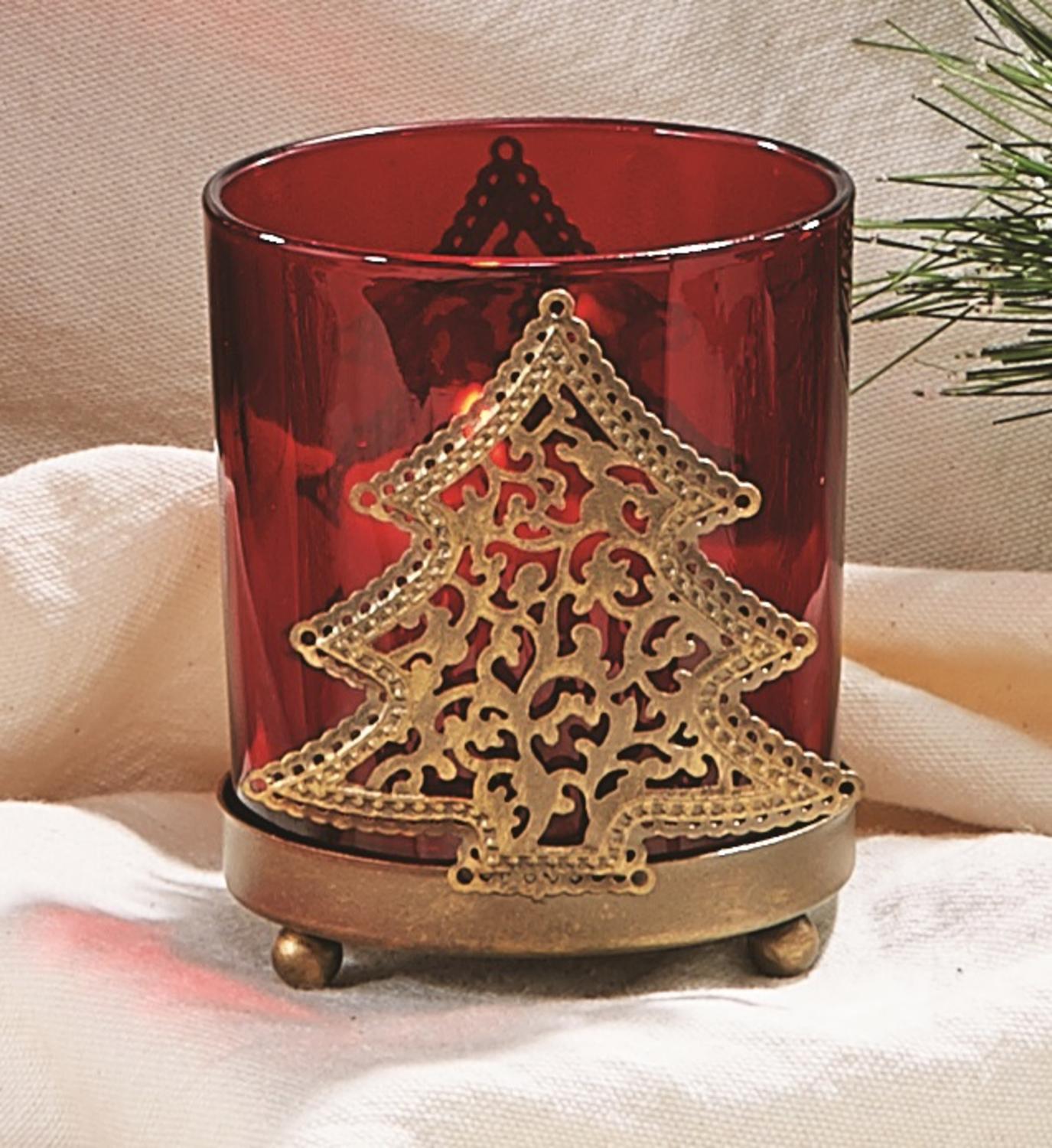 Pack of 4 Antique Gold Filigree Tree Christmas Votive Candle Holders 3.