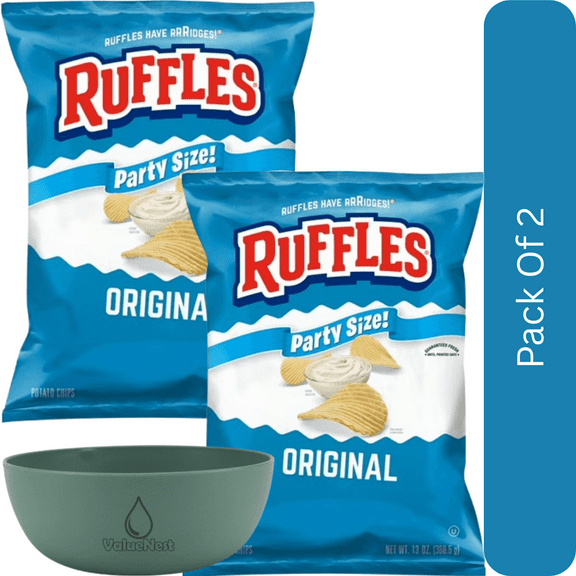 Ruffles Original Flavor Potato Snack Chips, Party Size, 13 oz Bag-2pk, With Olive Green Bowl By ValueNest