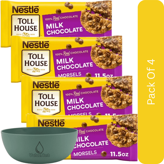 Nestle Toll House Milk Chocolate Regular Baking Chips, Morsels, 11.5 oz Bag-4pk, With Olive Green Bowl By ValueNest