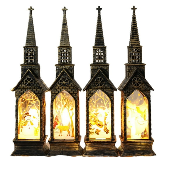 Pack of 4 Christmas Glowing Church House Ornaments Night Light Decors for Home