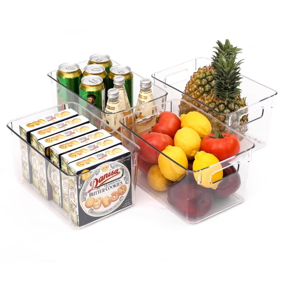 Pack of 4 Clear Storage Containers Stackable Refrigerator Organizer Bins with Handles Fresh Keeper for Fridge, Freezer, Cabinet, Pantry, Kitchen