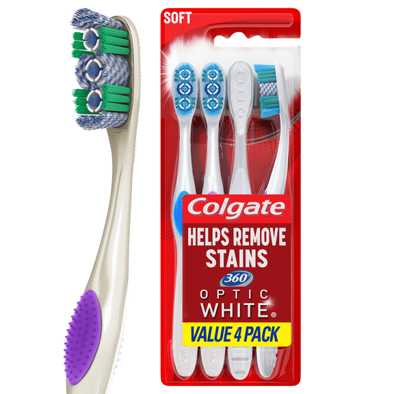 (Pack of 4) Colgate 360 Optic White Whitening Toothbrush, Soft