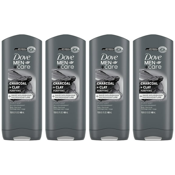 Pack of (4) DOVE MEN + CARE Purifying Charcoal + Clay Body and Face Wash with 24-Hour Nourishing Micromoisture Technology Body Wash for Men, 13.5 oz