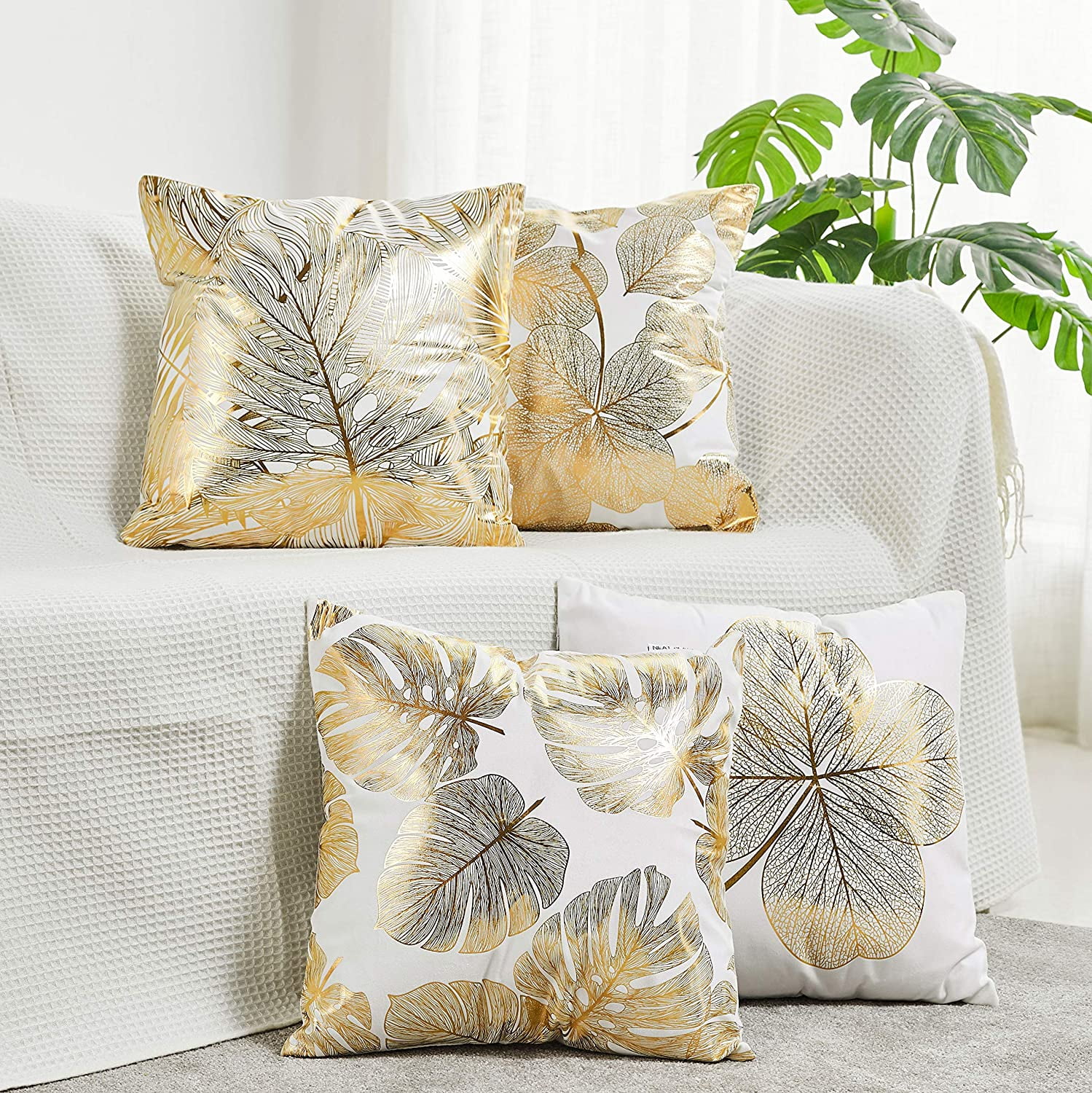 Gold Stamping Leaves Polyester Square Throw Pillow Covers, 18 x 18 Inches, Set of 4