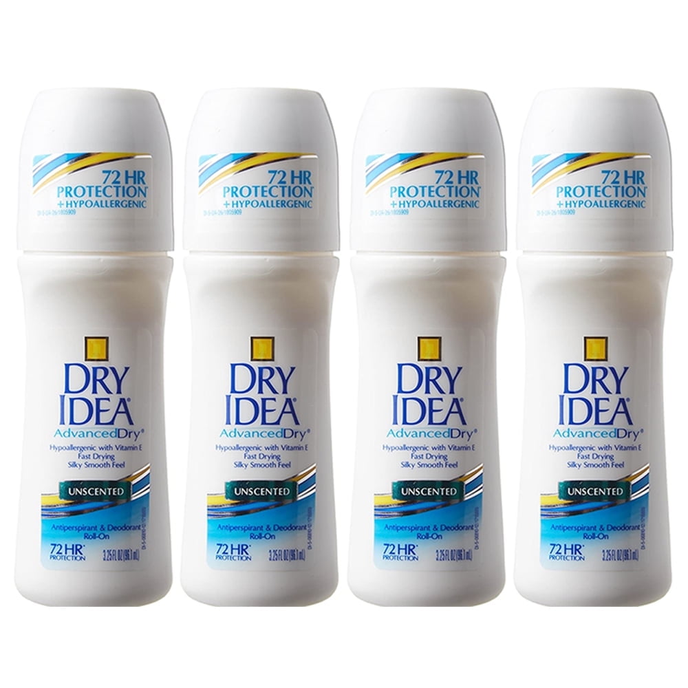 Pack of (4) Dry Idea Antiperspirant Deodorant Roll On, Unscented, 3.25 fl oz