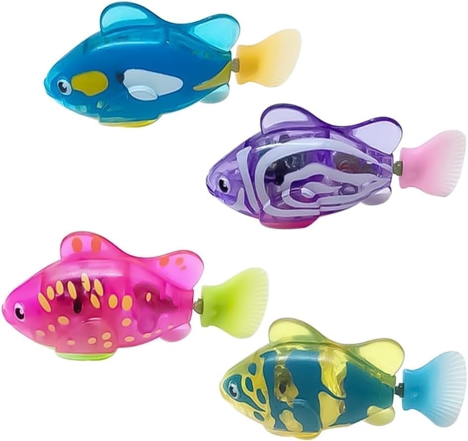 Baoyemes Interactive Robot Fish Toys for Cat/Dog(4 Pcs), Activated Swimming in Water with LED Light, Swimming Bath Plastic Fish Toy Gift