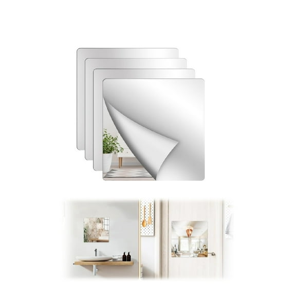 Pack of 4 Frameless Small Mirror,7.9x7.9x0.08In Durable Self-Adhesive Mirror Tiles for Bedroom,QZS Flexible Self Adhesive Mirror