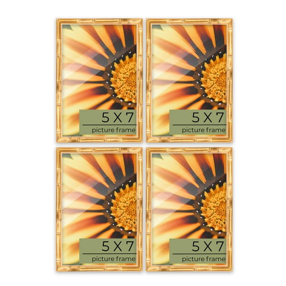 Pack of 4 Gold Bamboo 5x7 Picture Frames | Solid Wood | UV-Resistant Acrylic | Easy Gallery Wall