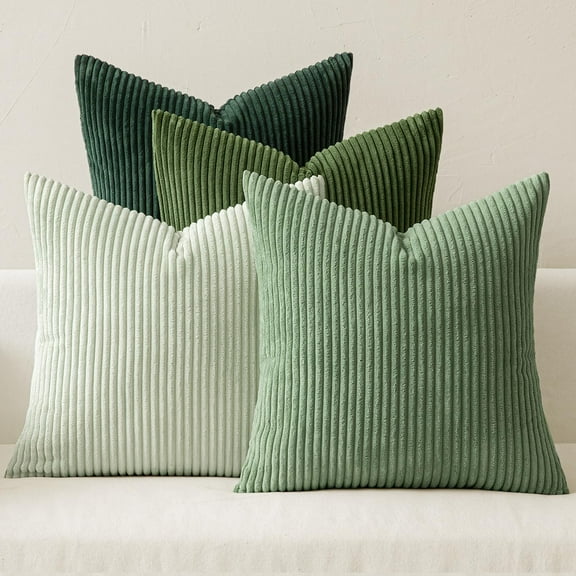 Pack of 4 Green Corduroy Decorative Throw Pillow Covers 18x18 Inch Soft Boho Striped Pillow