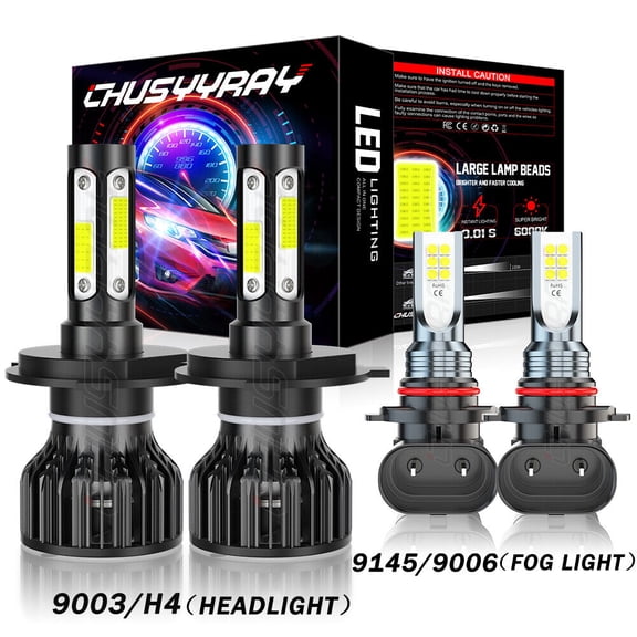Pack of 4 H4+9005 9145 LED Headlight High/Low Beam Fog Light Bulbs Non-Polarity 1:1 Design