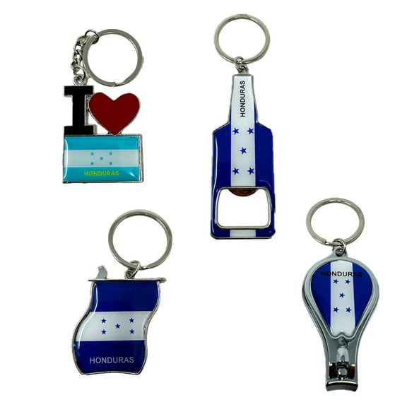 Pack of 4 Honduras Keychain Souvenir Charms 2 Bottle Beer Opener Nail Clipper Stainless Steel Keyrings Car Keys Gift Bundle Bulk Set Souvenirs