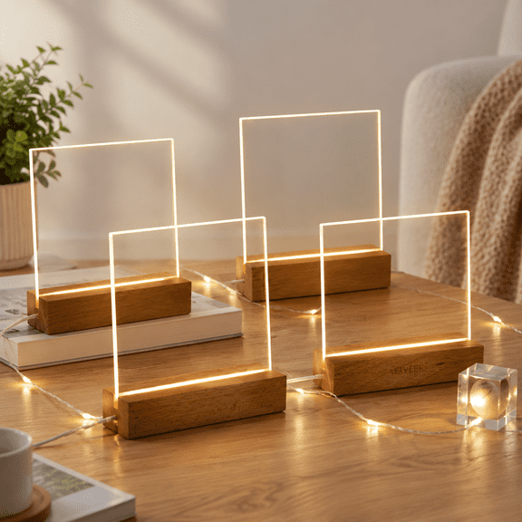 Pack of 4 LED Wooden Display Bases, 6 Inch Rectangle Light Stands with Warm White Lights for Home Office Bar Decor