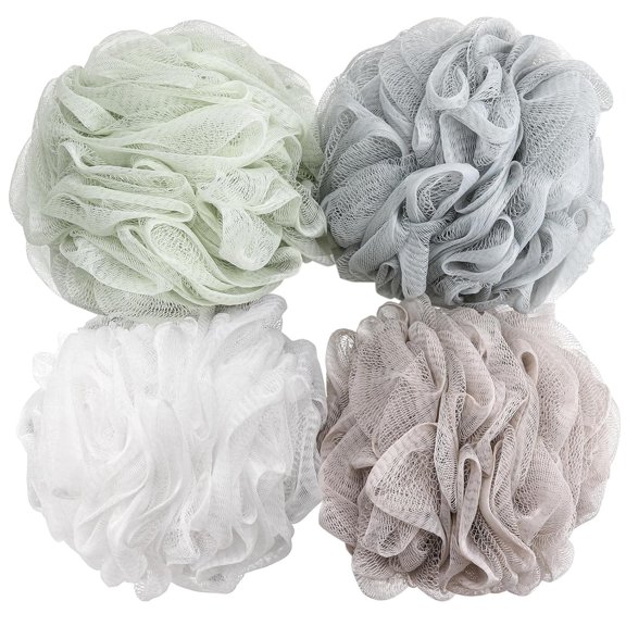 QZS Pack of 4 Loofah-Bath-Sponge,Multi-color Soft-Mesh Pouf Set,Exfoliate with Big Lathering Cleanse,Shower Sponge Exfoliating Mesh