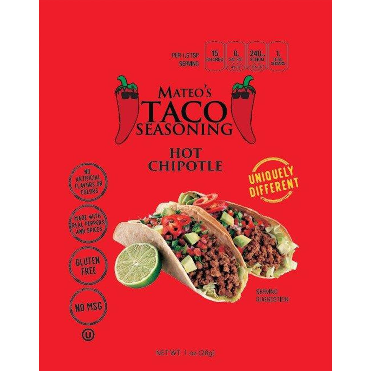 Pack of 4 Mateo's Hot Chipotle Taco Seasoning - 1 oz - Package may vary