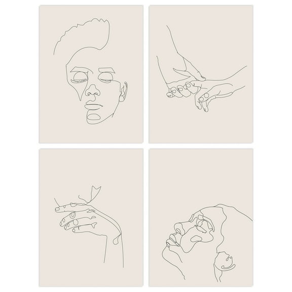 Pack of 4 Minimalist Simple Line Drawing Faces and Hands Black on Cream Unframed Wall Art Living Room Prints Set