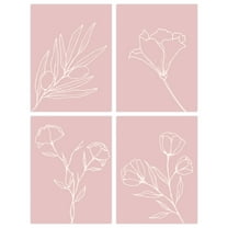 Pack of 4 Minimalist Wildflower Outline Cream on Pastel Pink Simple Floral Unframed Wall Art Living Room Prints Set