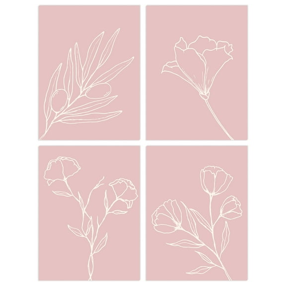 Pack of 4 Minimalist Wildflower Outline Cream on Pastel Pink Simple Floral Unframed Wall Art Living Room Prints Set