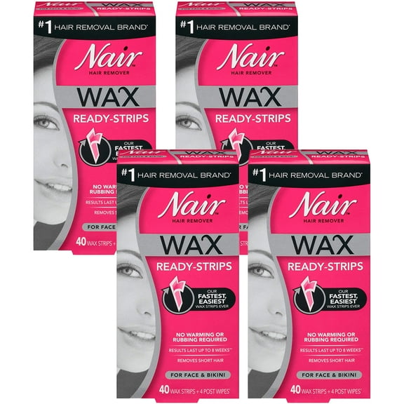 Pack of (4) Nair Hair Remover Wax Ready Strips, Face and Bikini Hair Removal Wax Strips, 40 Count