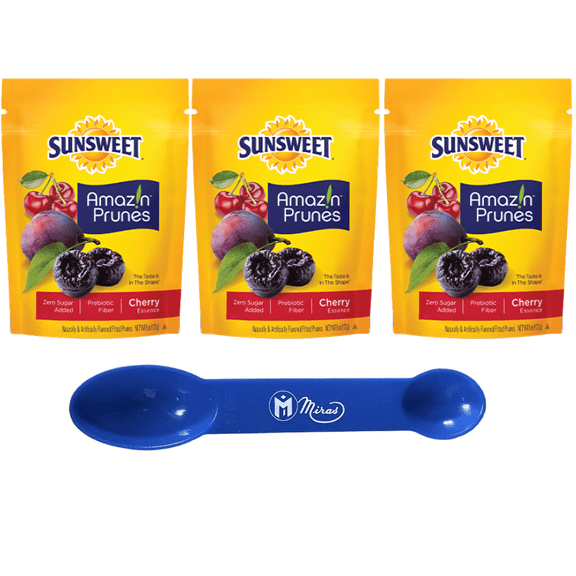 (Pack of 3) Sunsweet Amazin Prunes, Pitted, Cherry Essence 6oz Pouchs (2in1 Miras Trademark Measuring Spoon Included)
