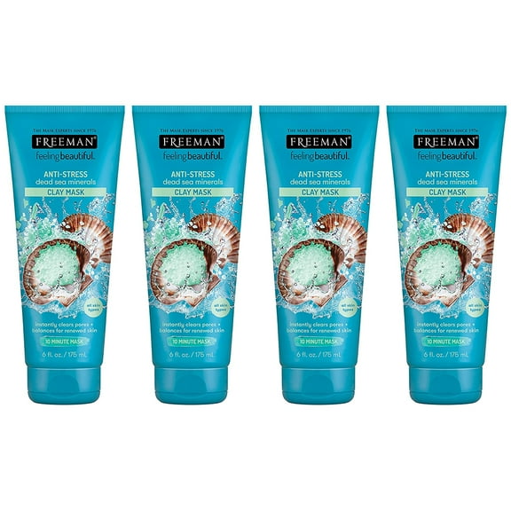 Pack of 4 New Freeman Anti-Stress Clay Facial Mask with Dead Sea Minerals, Balancing and Clearing Beauty Face Mask, 6 oz