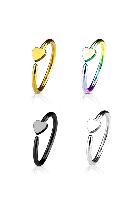 Pack of 4 Nose & Cartilage 20G Hoop Ring Heart Charm Anodized Surgical Steel