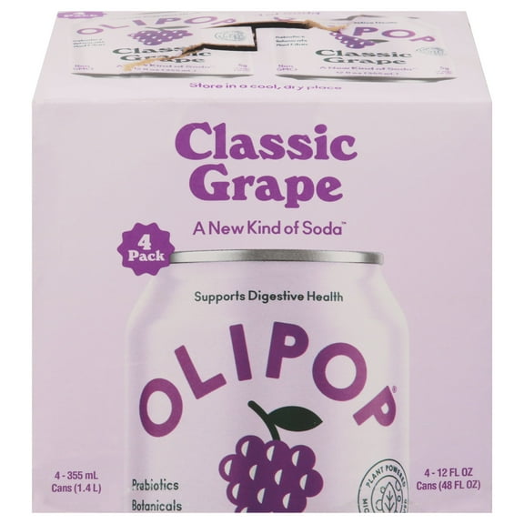Pack of 4 Olipop Clasic Grape Sparkling Tonic Soda Can, 12 fl oz (packaging may vary)