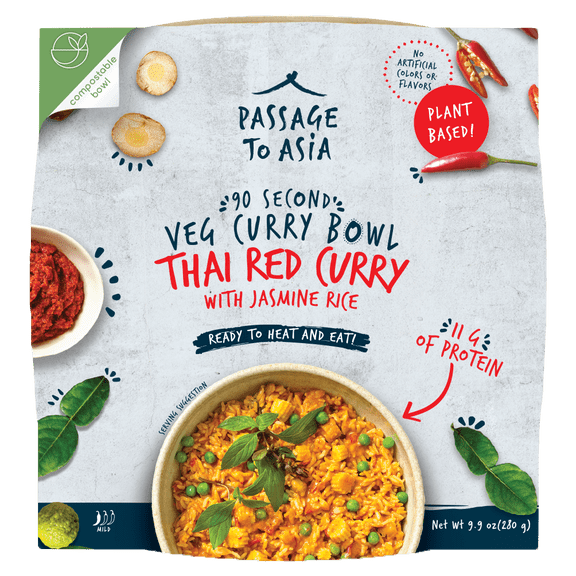 Pack of 4, Passage Foods 90 Second Veg Curry Bowl - Thai Red Curry with Jasmine Rice, 9.9 oz