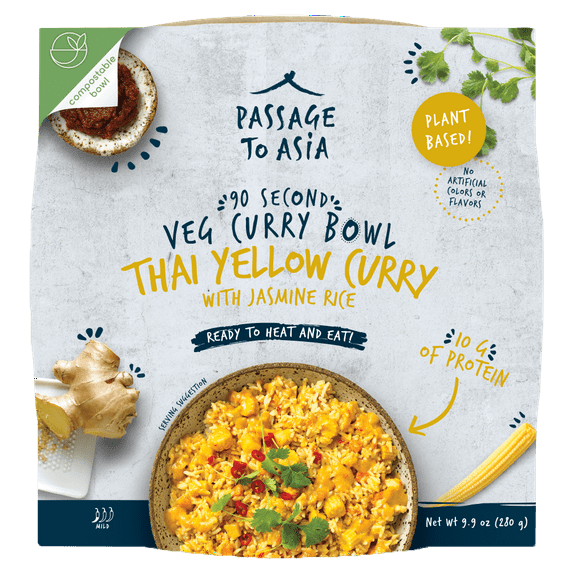 Pack of 4, Passage Foods Thai Yellow Veg Curry Bowl with Jasmine Rice, 9.9 oz