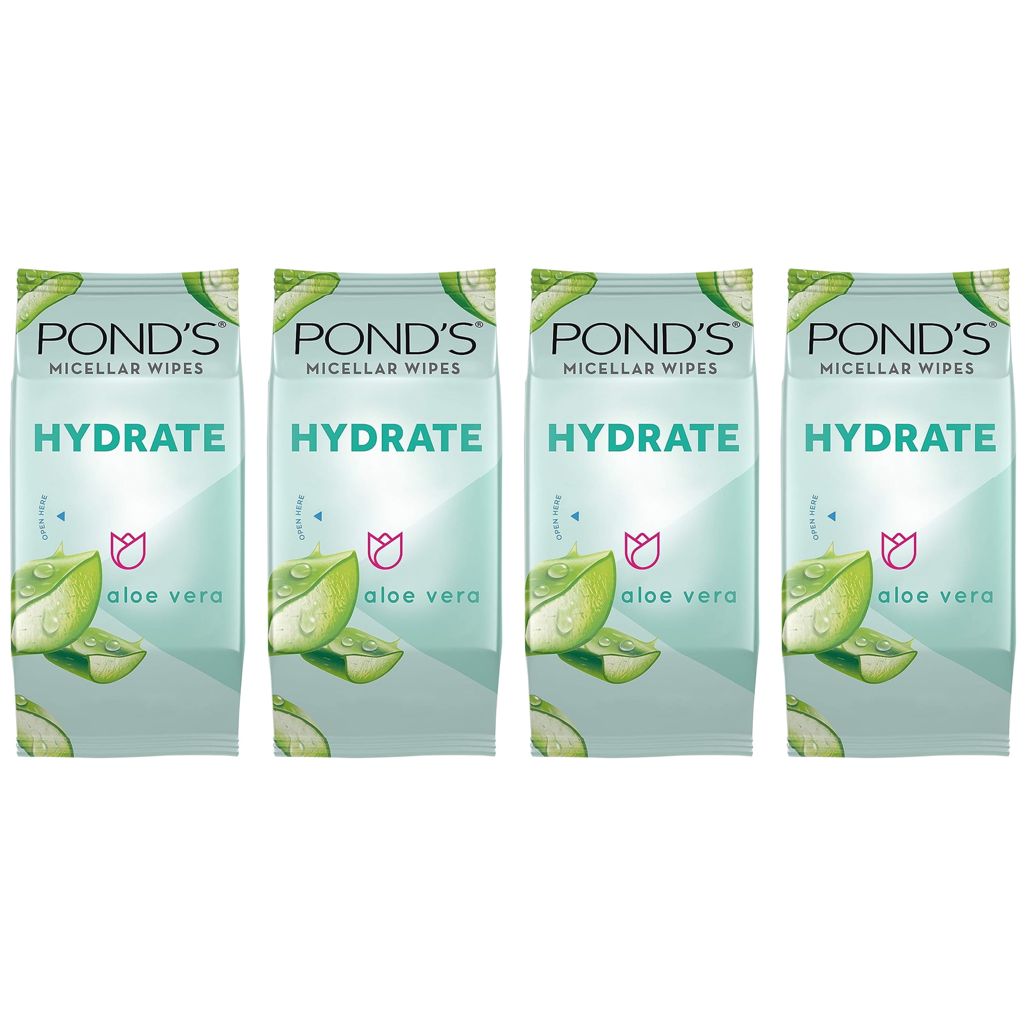 Pack of (4) Ponds Vitamin Micellar Wipes For Dry Skin Hydrate Aloe Vera Removes Waterproof Makeup 25 Wipes