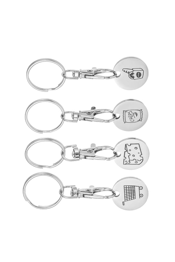 Pack of 4 Portable Carts Tokens Keyrings Metal Shopping Trolley Coin Holder Keychain Stainless Steel Texture for Woman