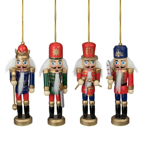 Pack of 4 Red Blue and Green Decorative Wooden Christmas Nutcracker Ornaments 5"