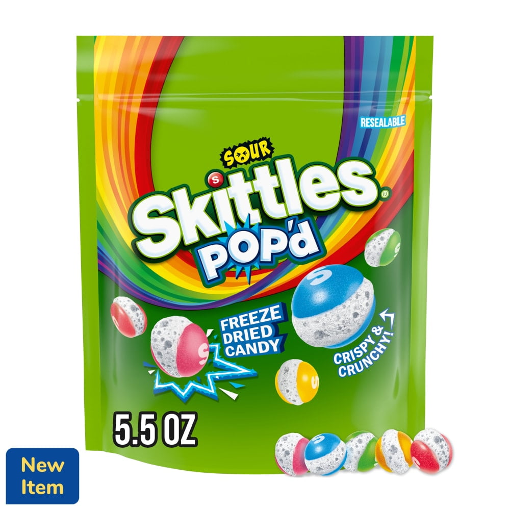 Pack of 4 Skittles Pop'D Sour Freeze Dried Candy Resealable Bag, 5.5 oz (packaging may vary)